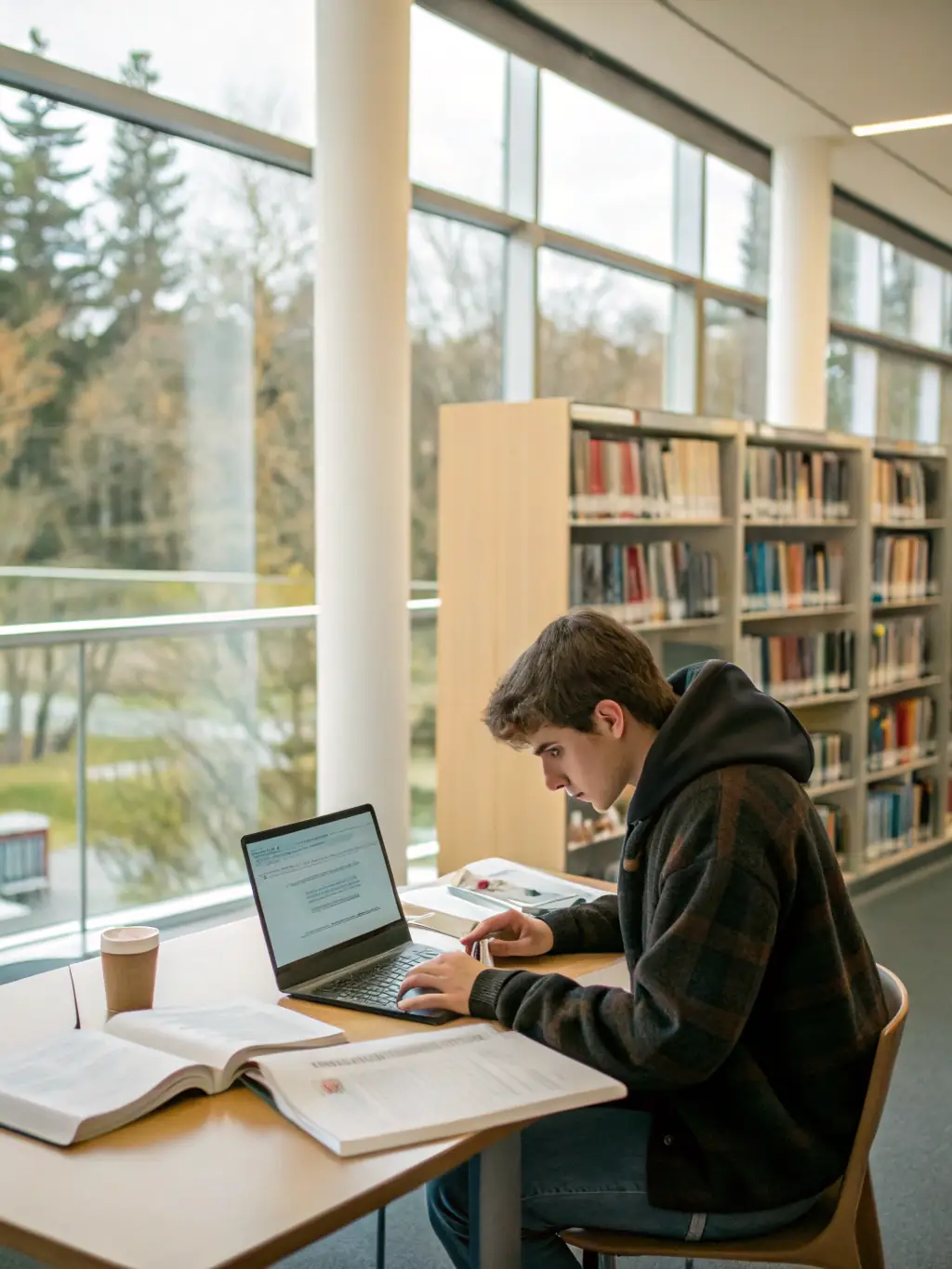 A student using a laptop in a library with books and international flags in the background, representing the Rhodes Scholarship.