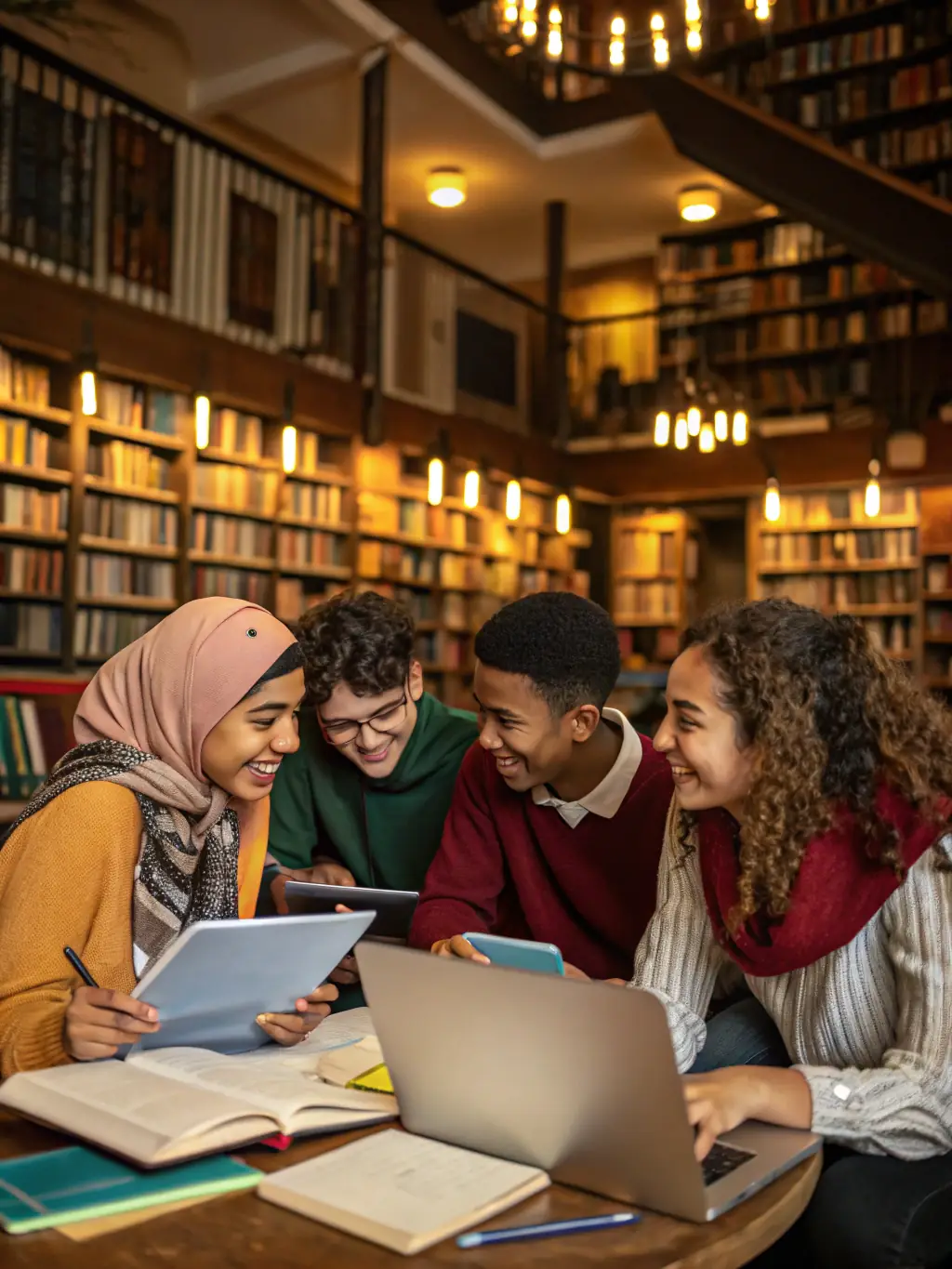 A group of international students collaborating on a project in a modern university lab, symbolizing the Chevening Scholarship.