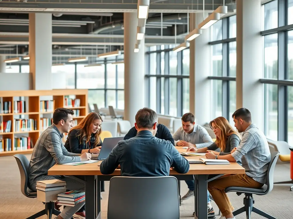 A group of students collaborating and discussing study strategies for the PMS exam in a library setting, fostering a sense of teamwork and shared goals.