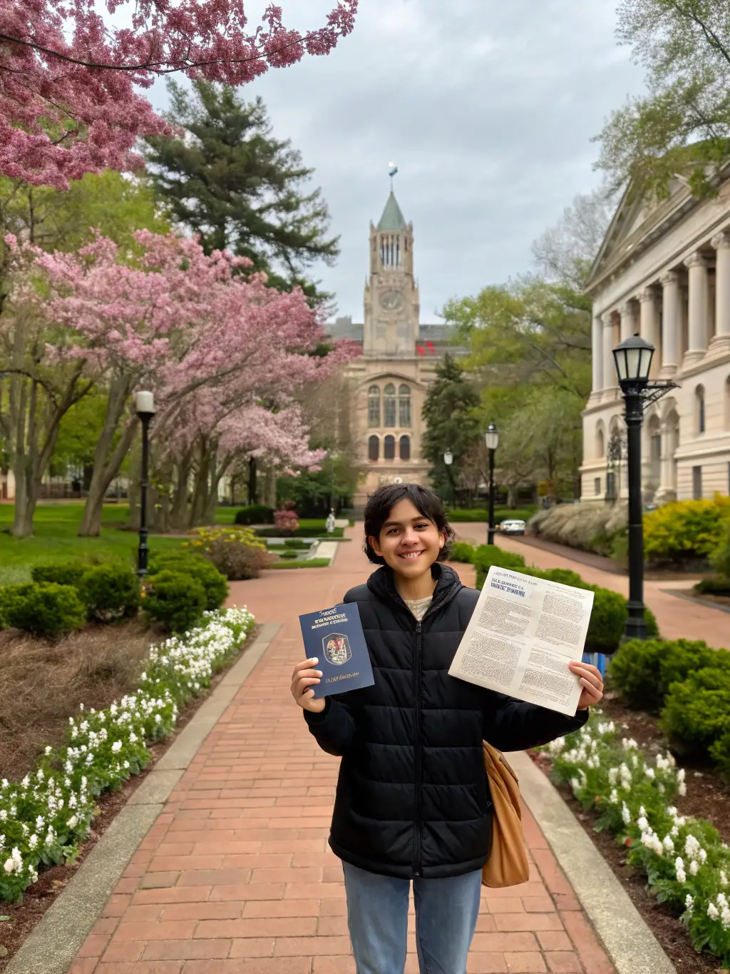 A student smiling while studying abroad with a university building in the background, representing the Fulbright Scholarship program.