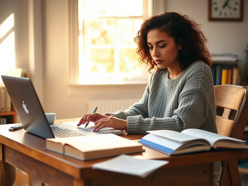 A focused student studying diligently with books and notes spread across the table, preparing for the CSS exam, with a determined expression.